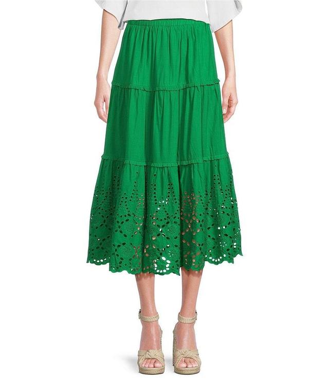 Calessa Tiered Border Embroidery Pull-On Midi Skirt Product Image