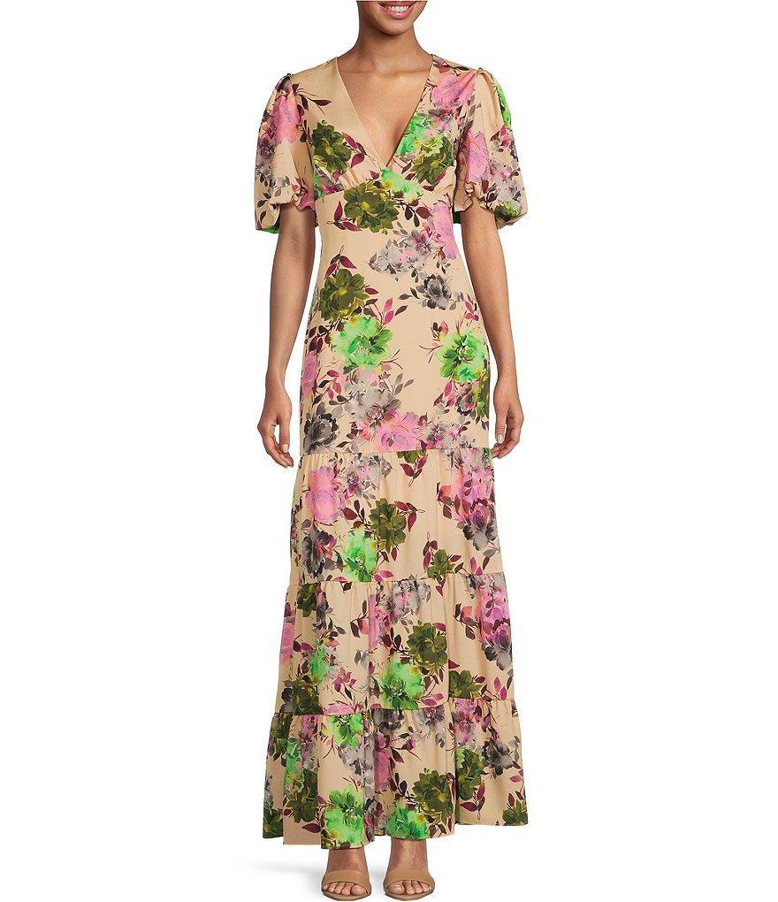 Belle by Badgley Mischka Shay Crepe Printed V-Neck Puff Sleeve Maxi Dress Product Image