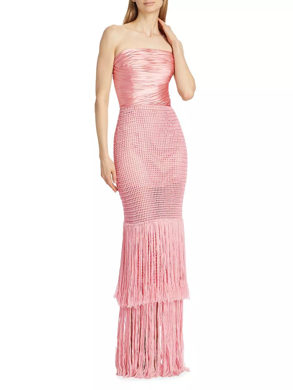 Draped Bustier Crochet & Silk Column Gown Product Image