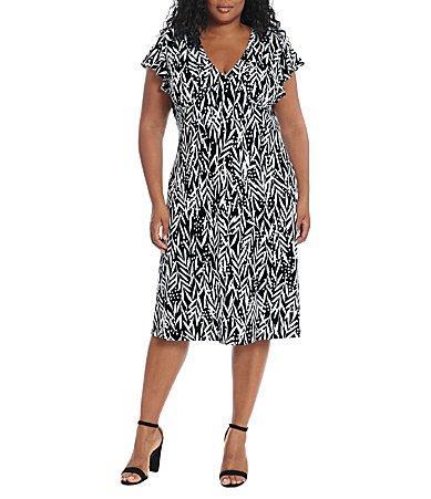 London Times Plus Size Fern Dot Print Matte Jersey V-Neck Flutter Short Sleeve A-Line Machine Washable Midi Dress Product Image