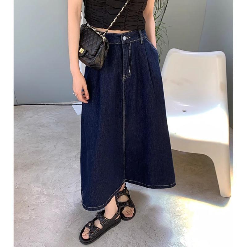 High Waist Washed Denim Midi A-Line Skirt Product Image