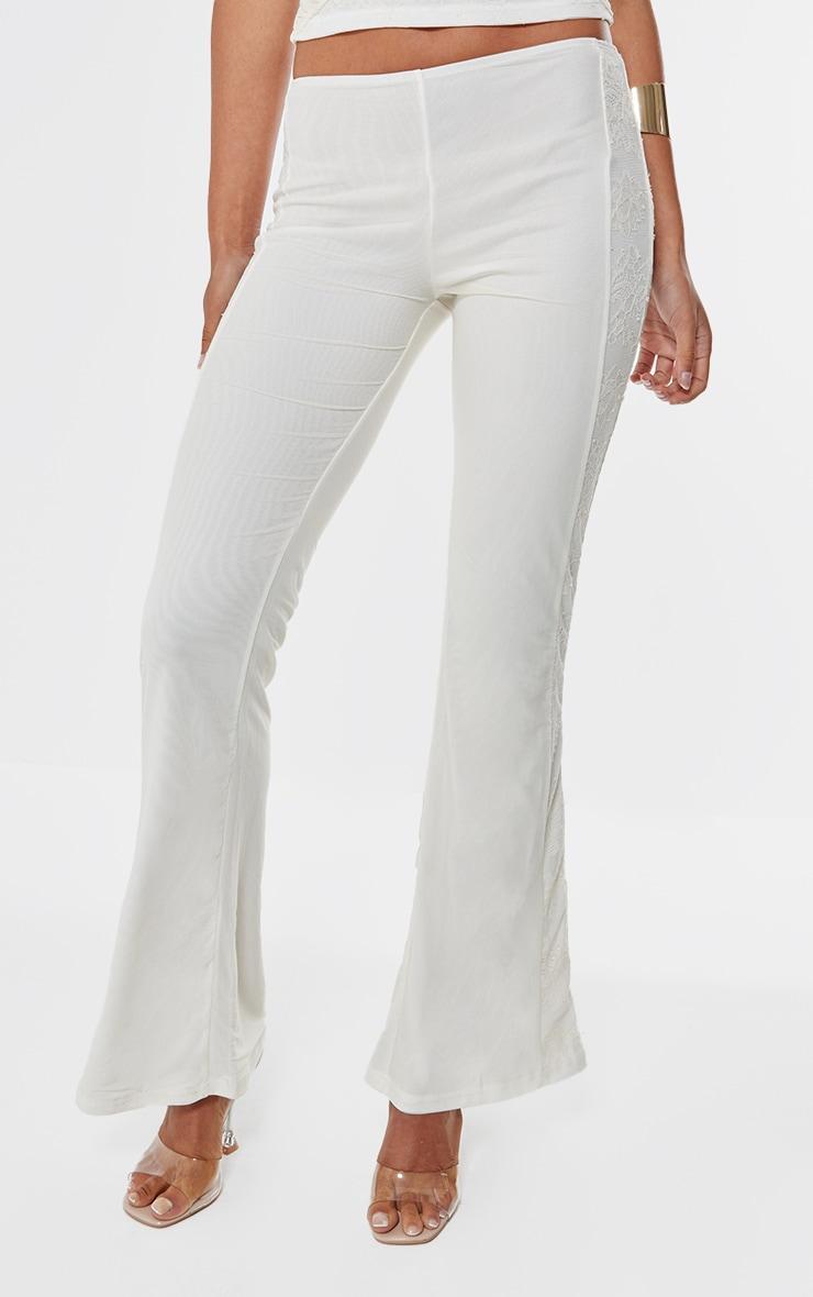 Cream Lace Mesh Panel Straight Leg Trousers Product Image