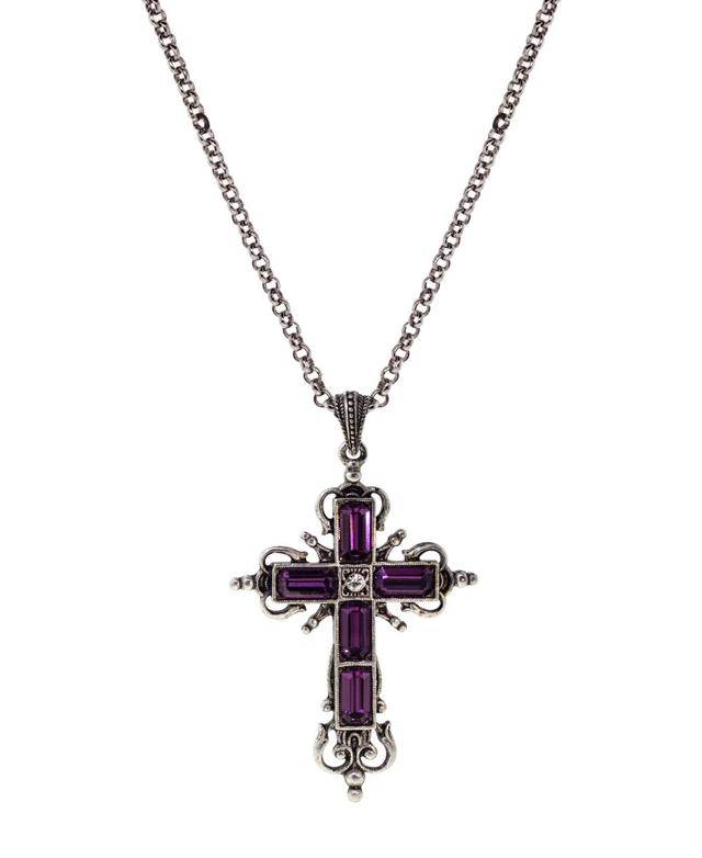 Silver-Tone Purple Crystal Cross Necklace Product Image