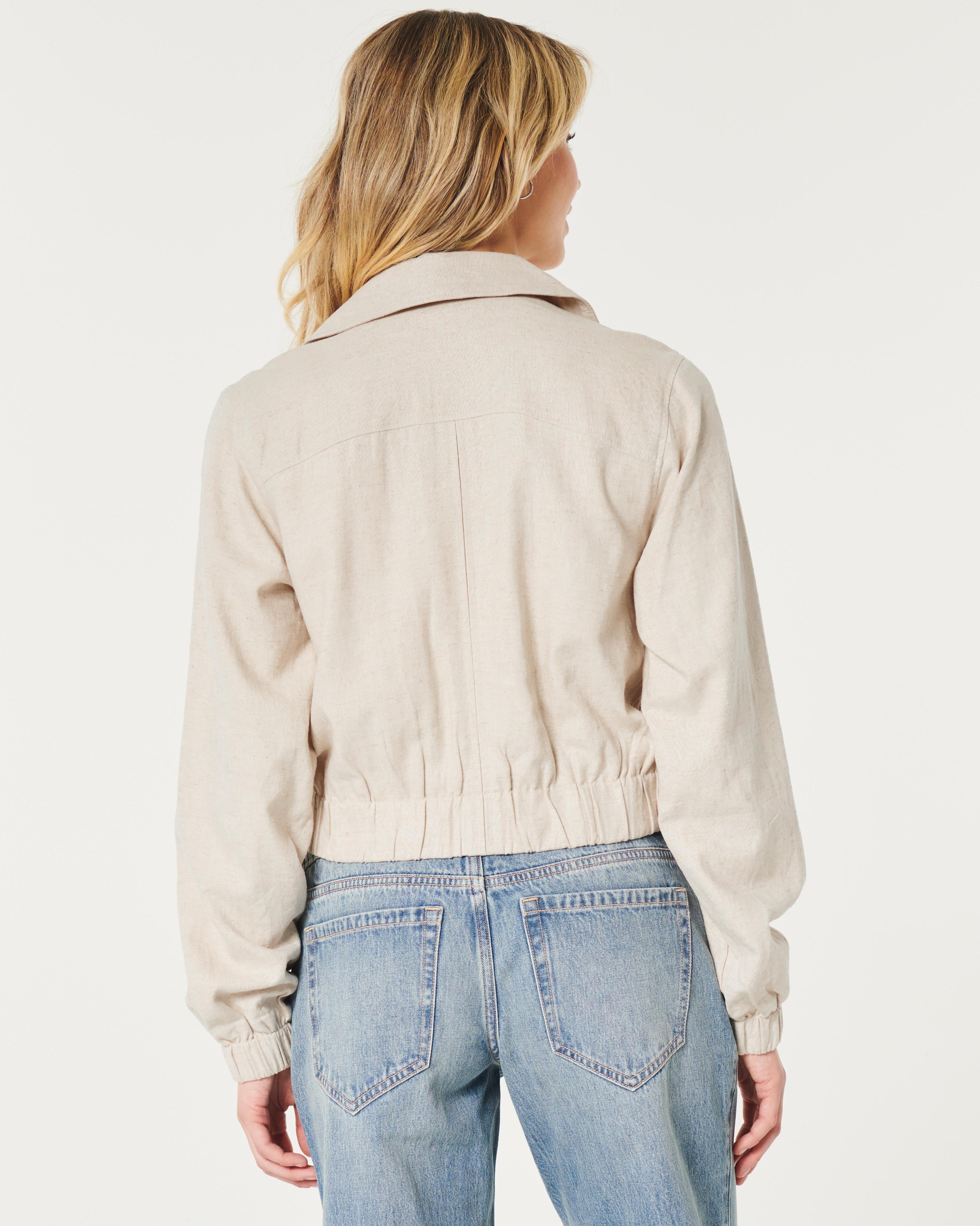 Crop Linen-Blend Bomber Jacket Product Image