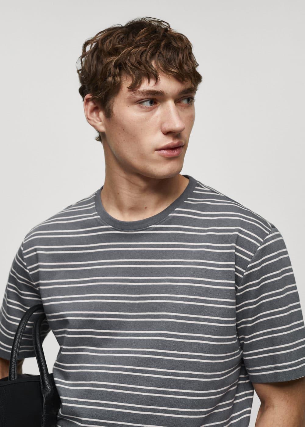 MANGO MAN - Striped cotton linen-blend T-shirt petrol blueMen Product Image