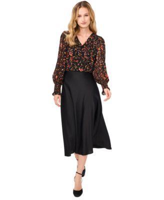 Women's Floral-Print Blouse & Satin Midi Skirt Product Image