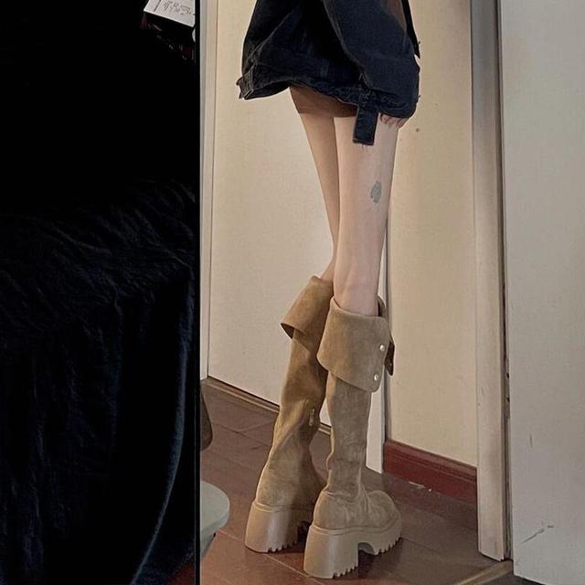 Platform Belted Button Faux Suede Over The Knee Boots Product Image