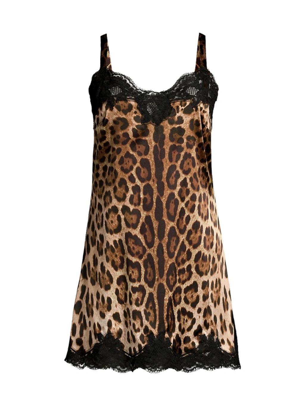 Leopard-print Satin Lingerie Slip With Lace Detailing Product Image