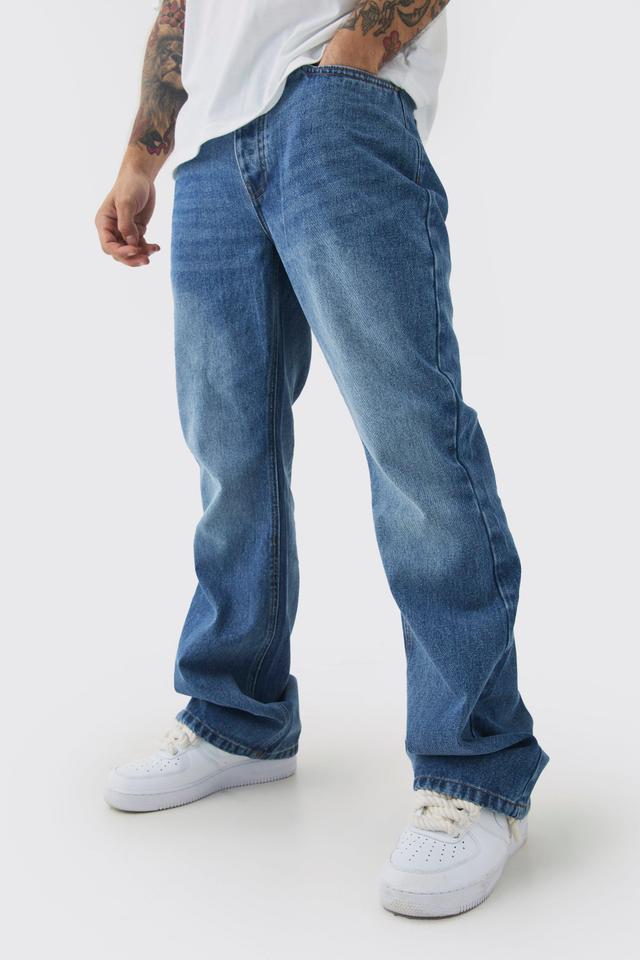 Relaxed Rigid Flare Jean In Mid Blue | boohooMAN USA Product Image