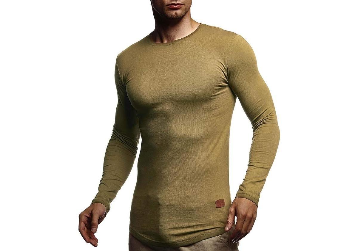 Leif Nelson Mens Longsleeve Shirt Basic Crew Neck Slim Fit Longsleeve Crew Neck Pullover Sweatshirt Long Sleeve Crew Neck LN8394 Size Xxl Kh Product Image