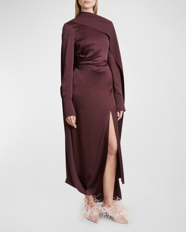 Long-Sleeve Draped Scarf Satin Maxi Dress Product Image