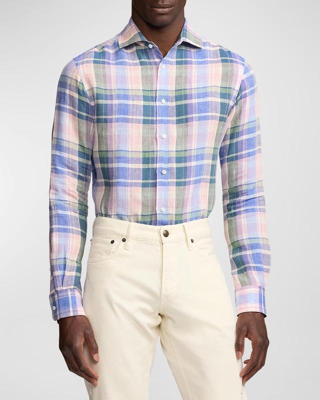 Mens Plaid Linen Long-Sleeve Sport Shirt Product Image