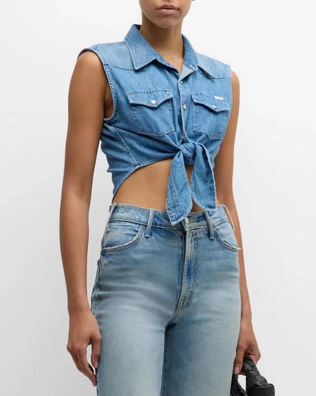 MOTHER The Sleeveless Knotted Exes Denim Top In Blue Product Image