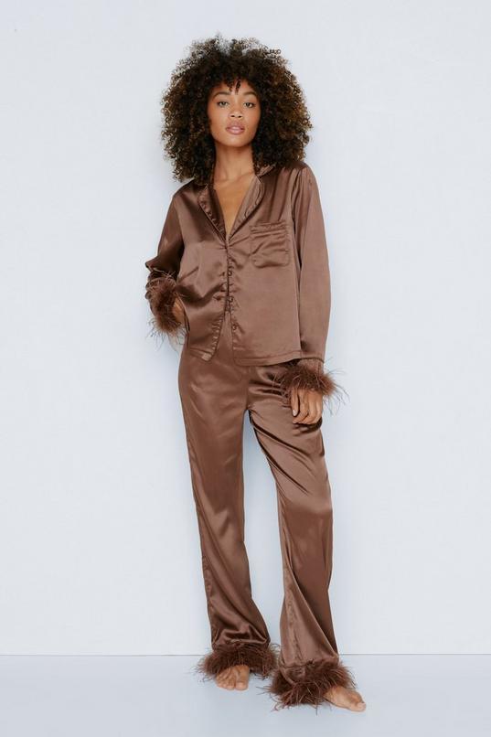 Satin Feather Pyjama Shirt and Trousers Set Product Image