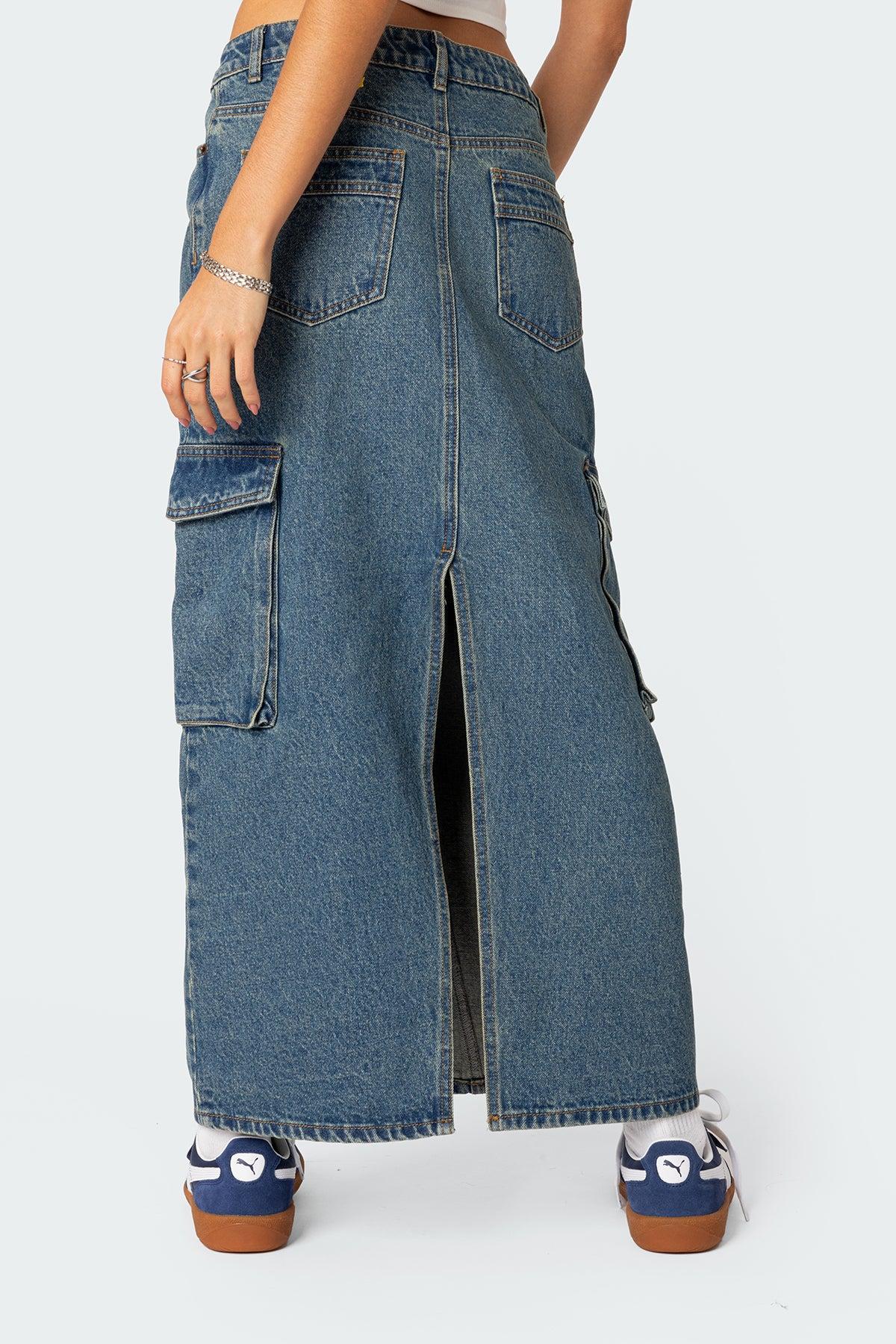 Slitted Cargo Denim Maxi Skirt Product Image