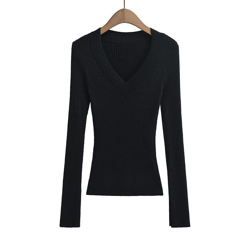 V-Neck Long Sleeve Plain Ribbed Knit Sweater Product Image