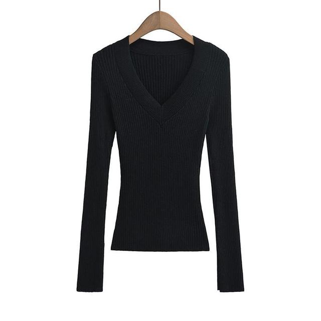 V-Neck Long Sleeve Plain Ribbed Knit Sweater Product Image