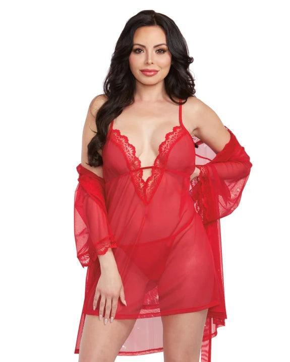 Lace Mesh Chemise & Robe Set with G-String Product Image