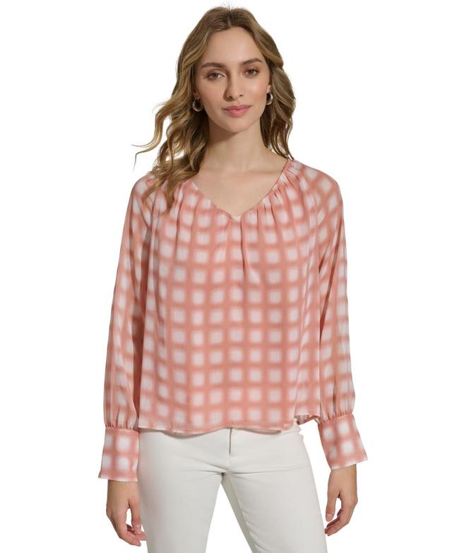 Calvin Klein Womens Printed V-Neck Long-Sleeve Top Product Image