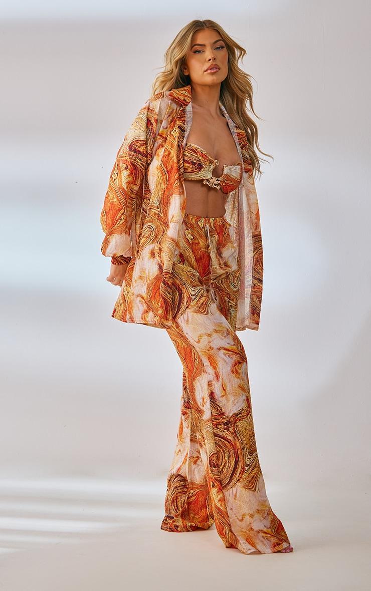 Orange Marble Print Crinkle Textured Wide Leg Beach Pants Product Image