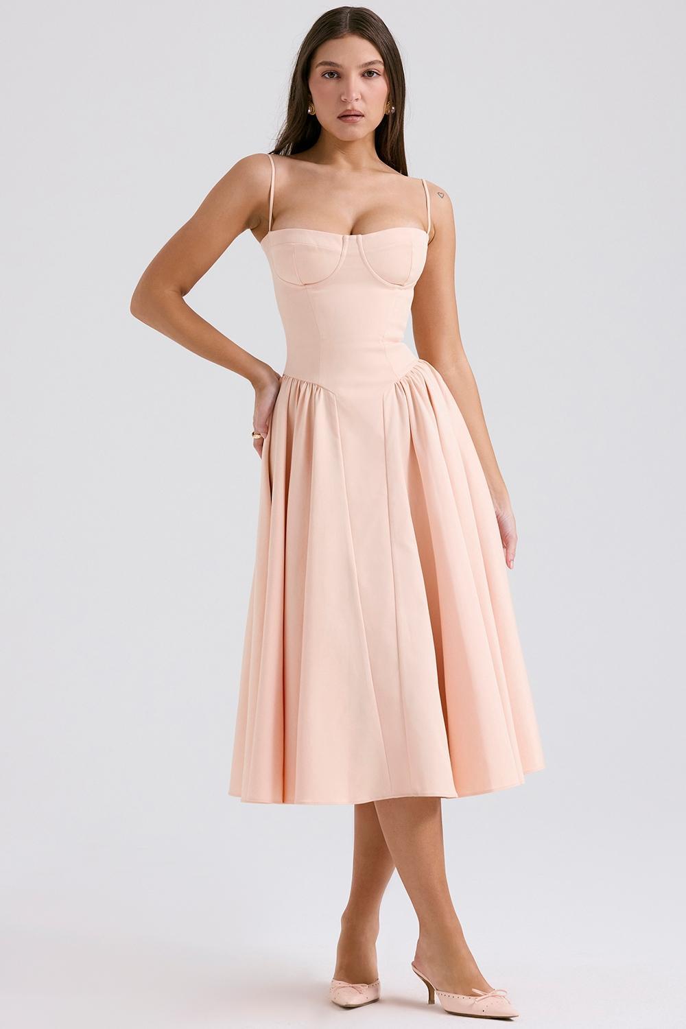 Samaria Peach Parfait Twill Corset Midi Dress Product Image