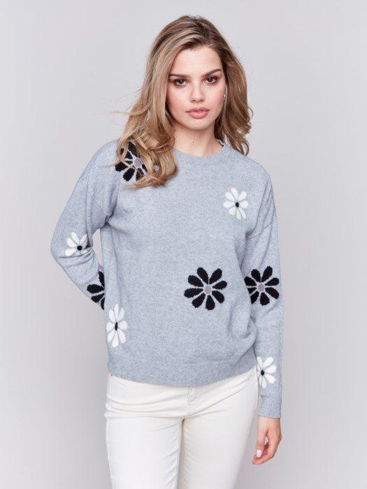 Crew Neck Long Sleeve With Flower Jacquard by Charlie B Product Image