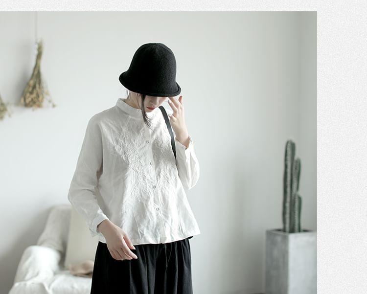 Long Sleeve Stand Collar Embroidered Blouse Product Image