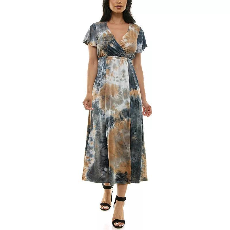 Womens Nina Leonard Tie Dye Print Flutter Sleeve V-Neck Maxi Dress Green Team Product Image