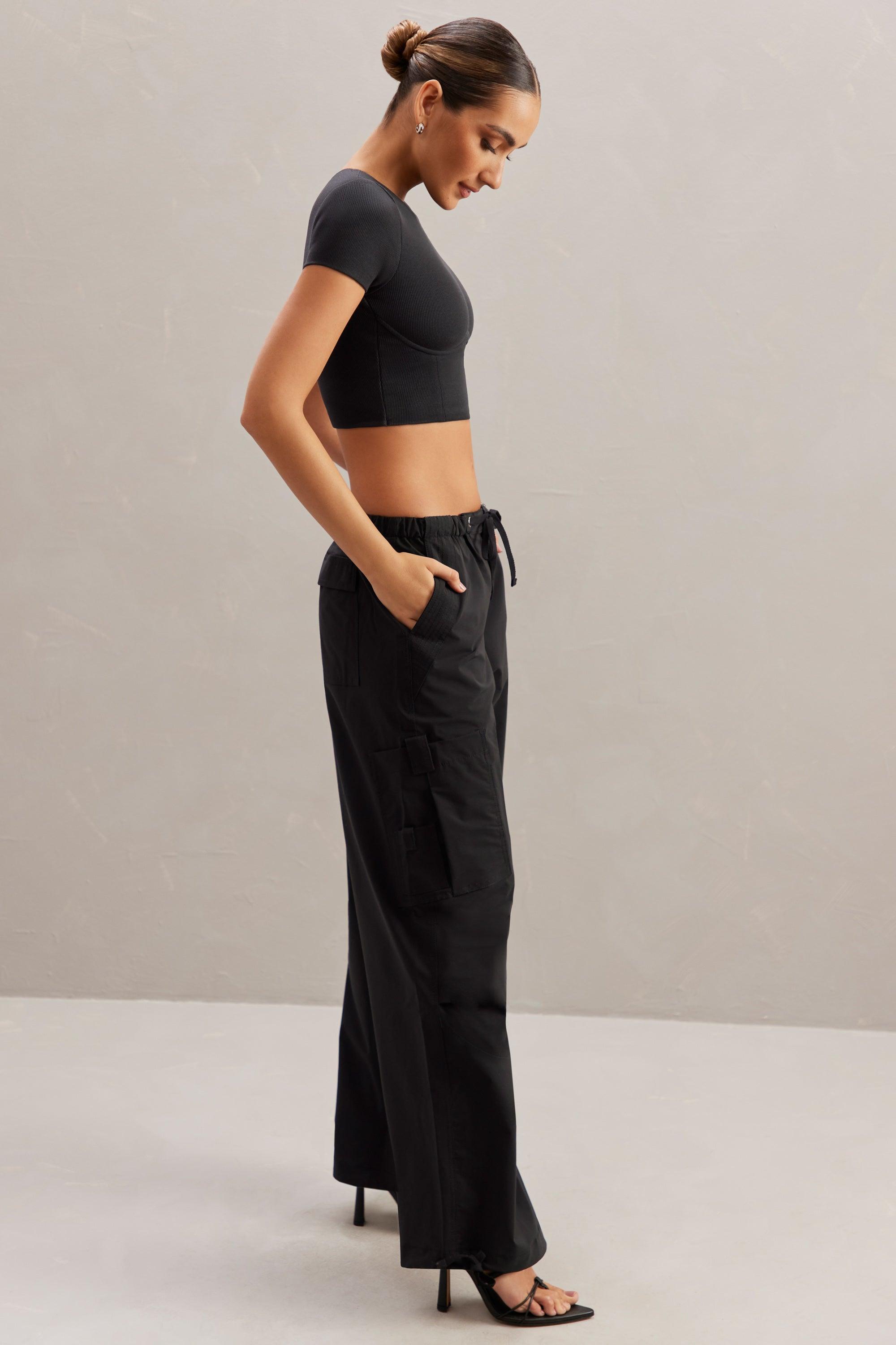 Wide Leg Cargo Trousers in Black Product Image