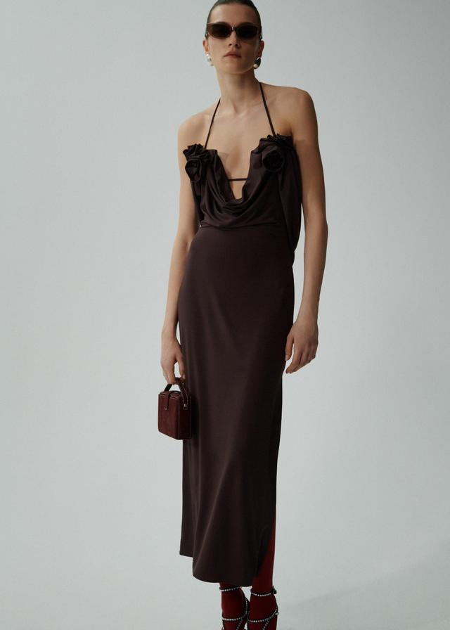 Draped cowl neck midi dress in brown Product Image