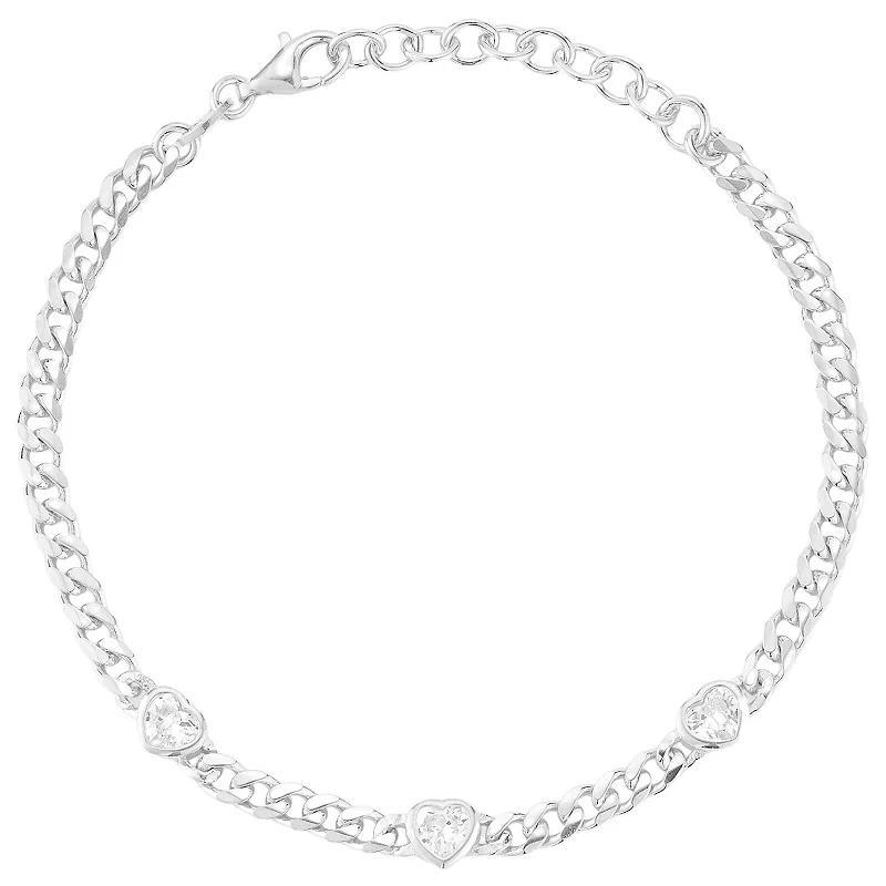 Sunkissed Sterling Cubic Zirconia Tri-Heart Curb Chain Bracelet, Womens Silver Tone Product Image