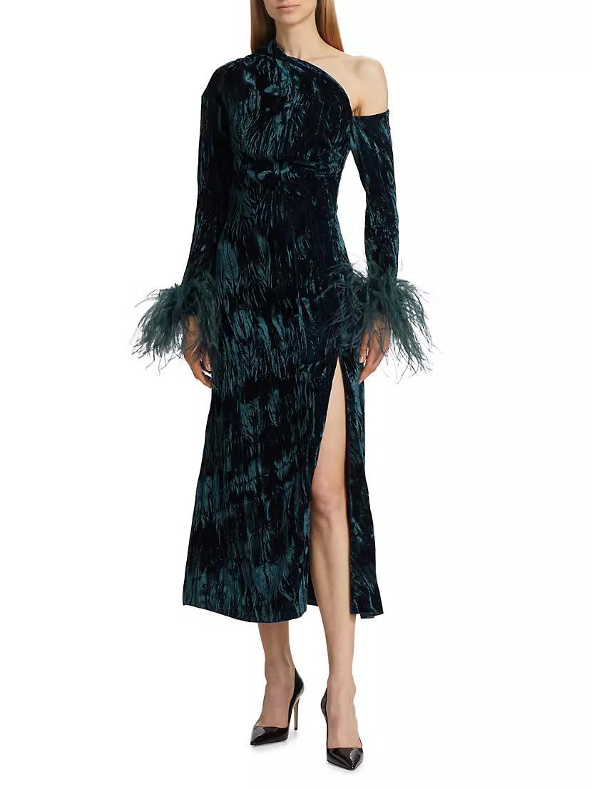 Adelaide Velvet Feather-Cuff Midi-Dress Product Image