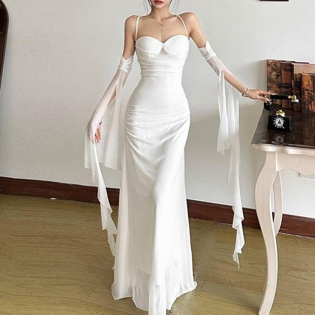 Spaghetti Strap Sweetheart Neckline Plain Maxi Sheath Dress Product Image