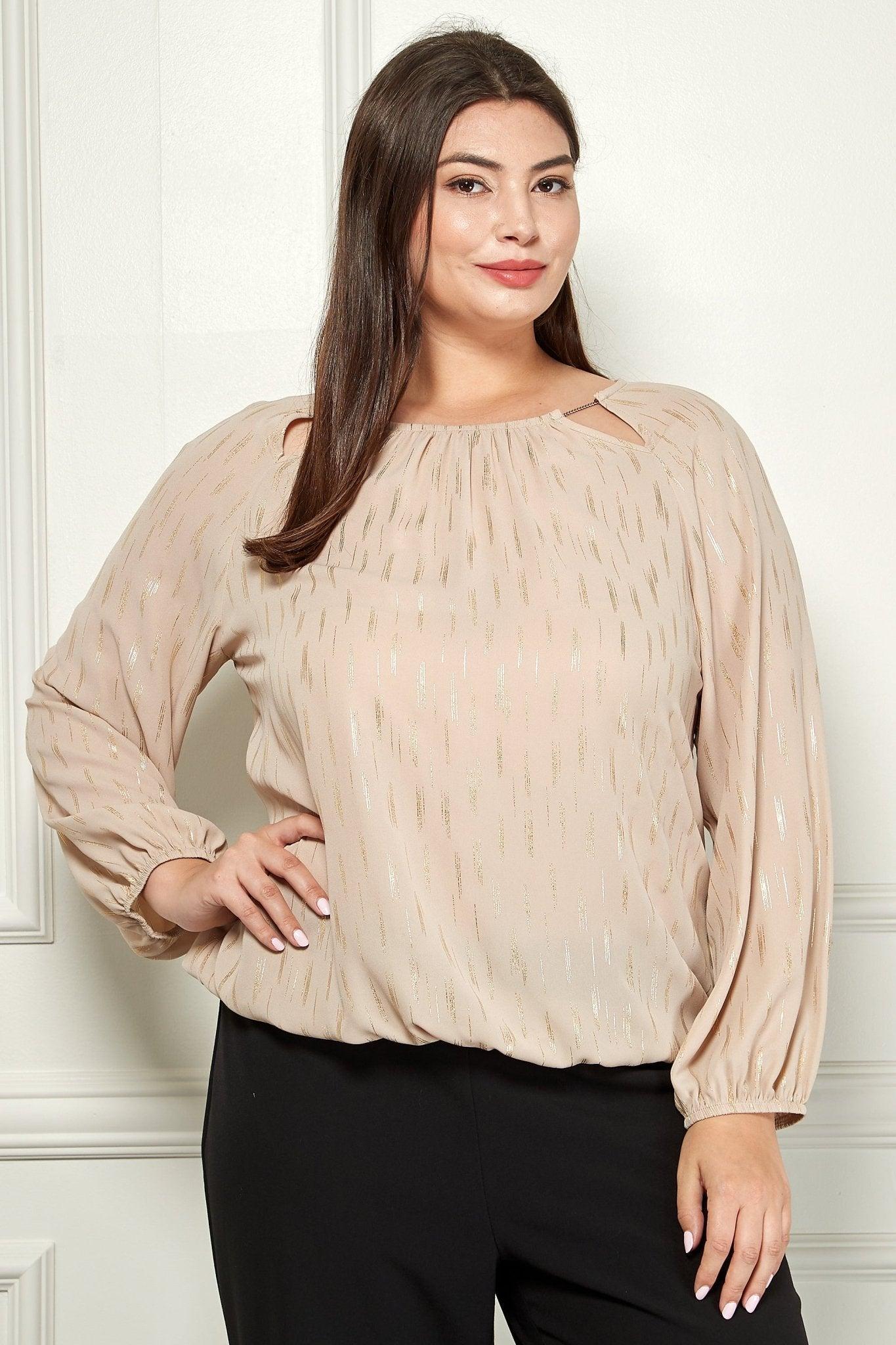 Long Sleeve V-Chain Trim Cutout Bubble Blouse - Plus Product Image