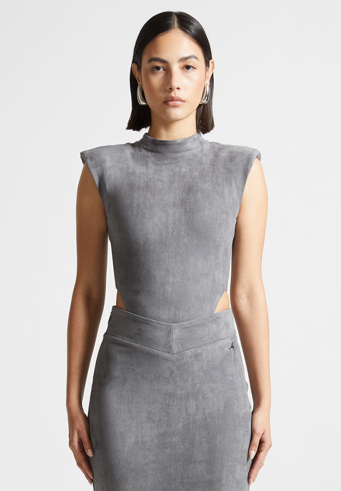 Suede Wide Shoulder Bodysuit - Light Grey Female Product Image