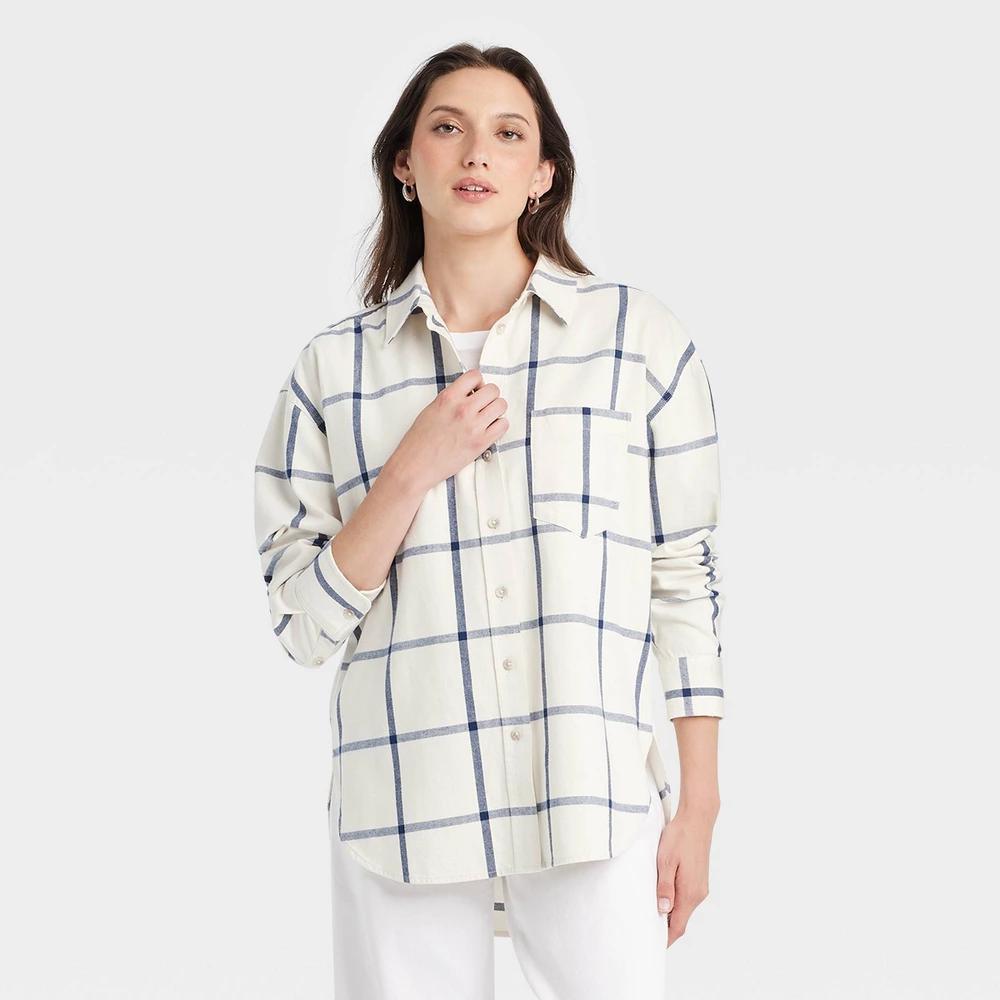 Womens Oversized Flannel Long Sleeve Collared Button-Down Shirt - Universal Thread White Plaid Product Image