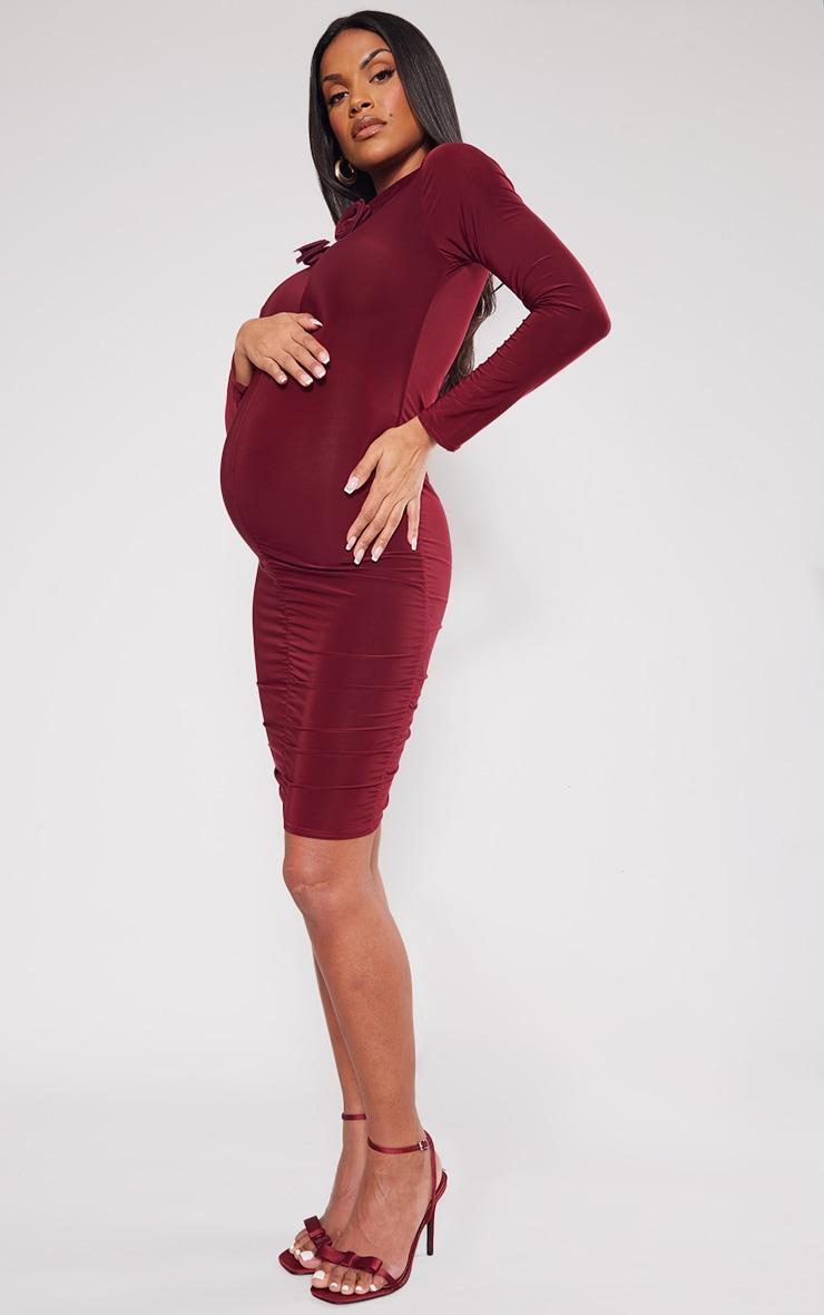 Maternity Burgundy Slinky Flower Detail Mini Dress Product Image