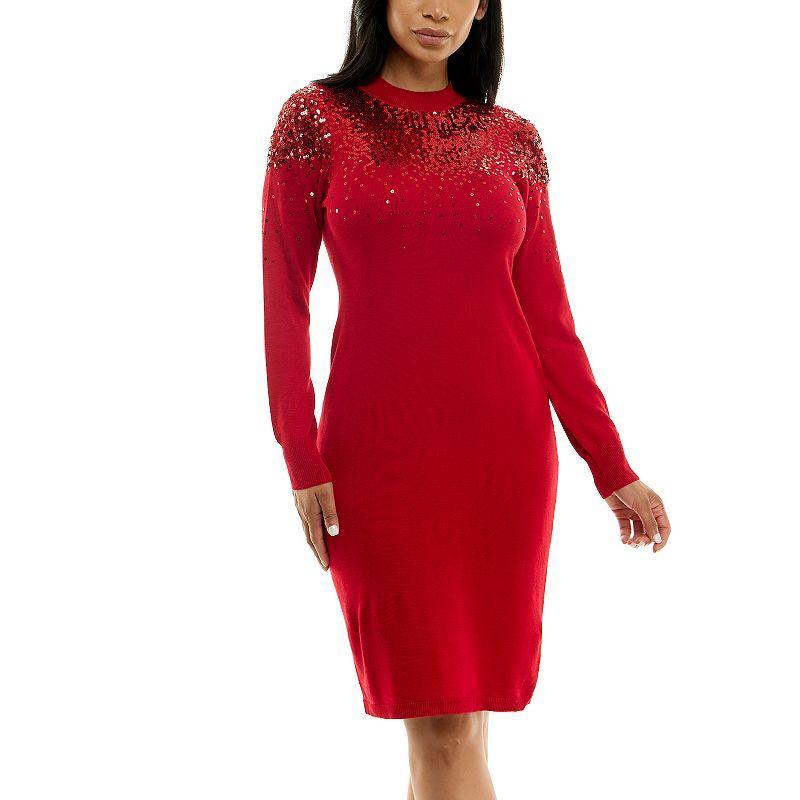 Womens Nina Leonard Sequins Sweater Dress Red Product Image