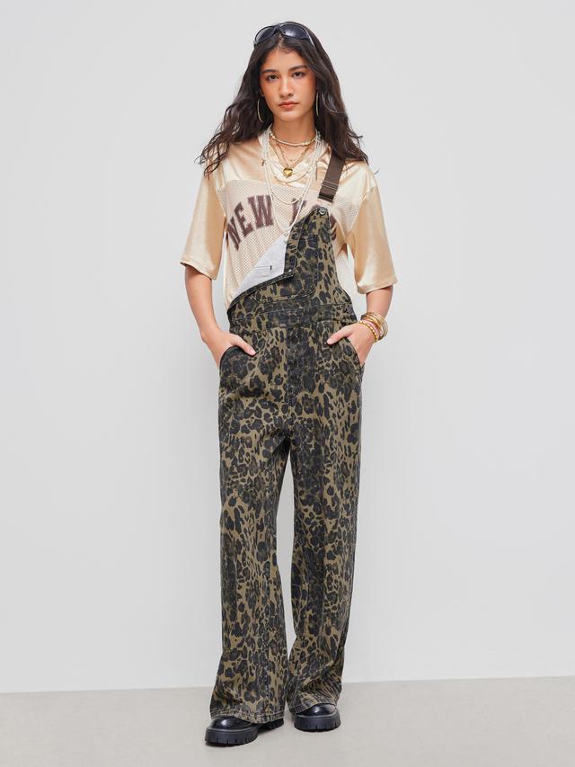 Denim Leopard Pocket Buckle Up Wide Leg Oversized Jumpsuit Product Image