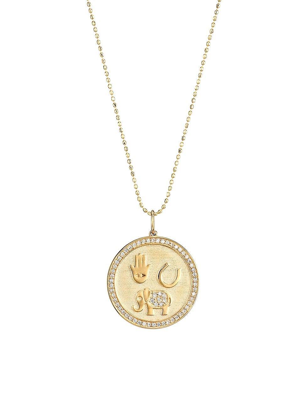 Womens 14K Yellow Gold & Diamond Luck and Protection Coin Charm Necklace Product Image