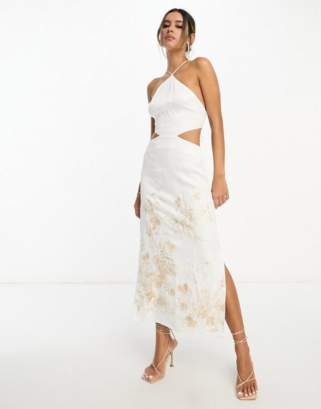 ASOS EDITION satin halter floral embroidered midi dress with cut-out back in ivory Product Image