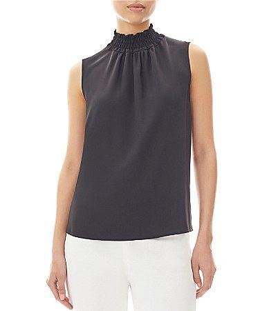 Ming Wang Crepe De Chine Pleated Smocked Mock Neck Sleeveless Side Slit Hem Blouse Product Image