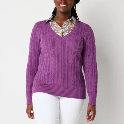 St. John's Bay Womens V Neck Long Sleeve Cable Knit Pullover Sweater Product Image