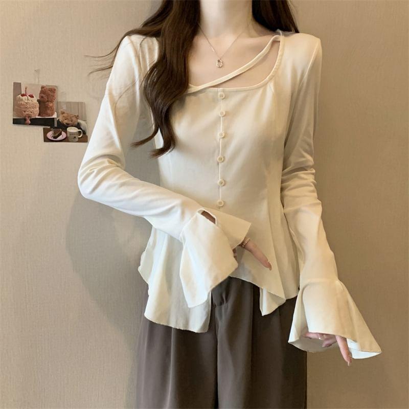 Flared-Sleeve Plain Asymmetrical Tee Product Image