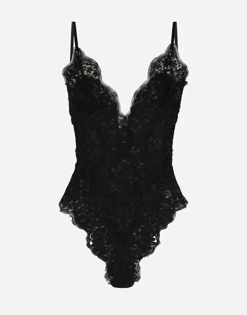 Tulle And Chantilly Lace Bodysuit In ブラック Product Image