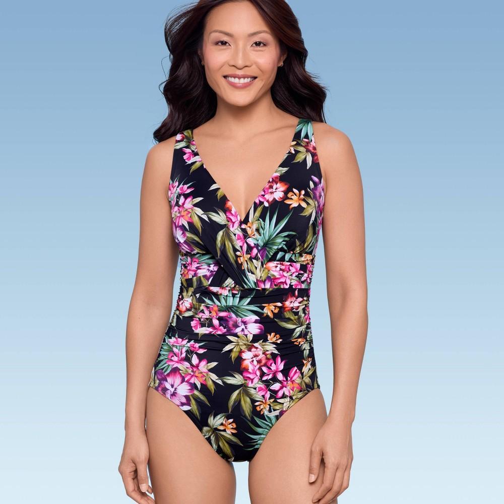 Womens UPF 50 V-Neck Ruched One Piece Swimsuit - Shape + Style by Aqua Multi Floral Print 14 Product Image