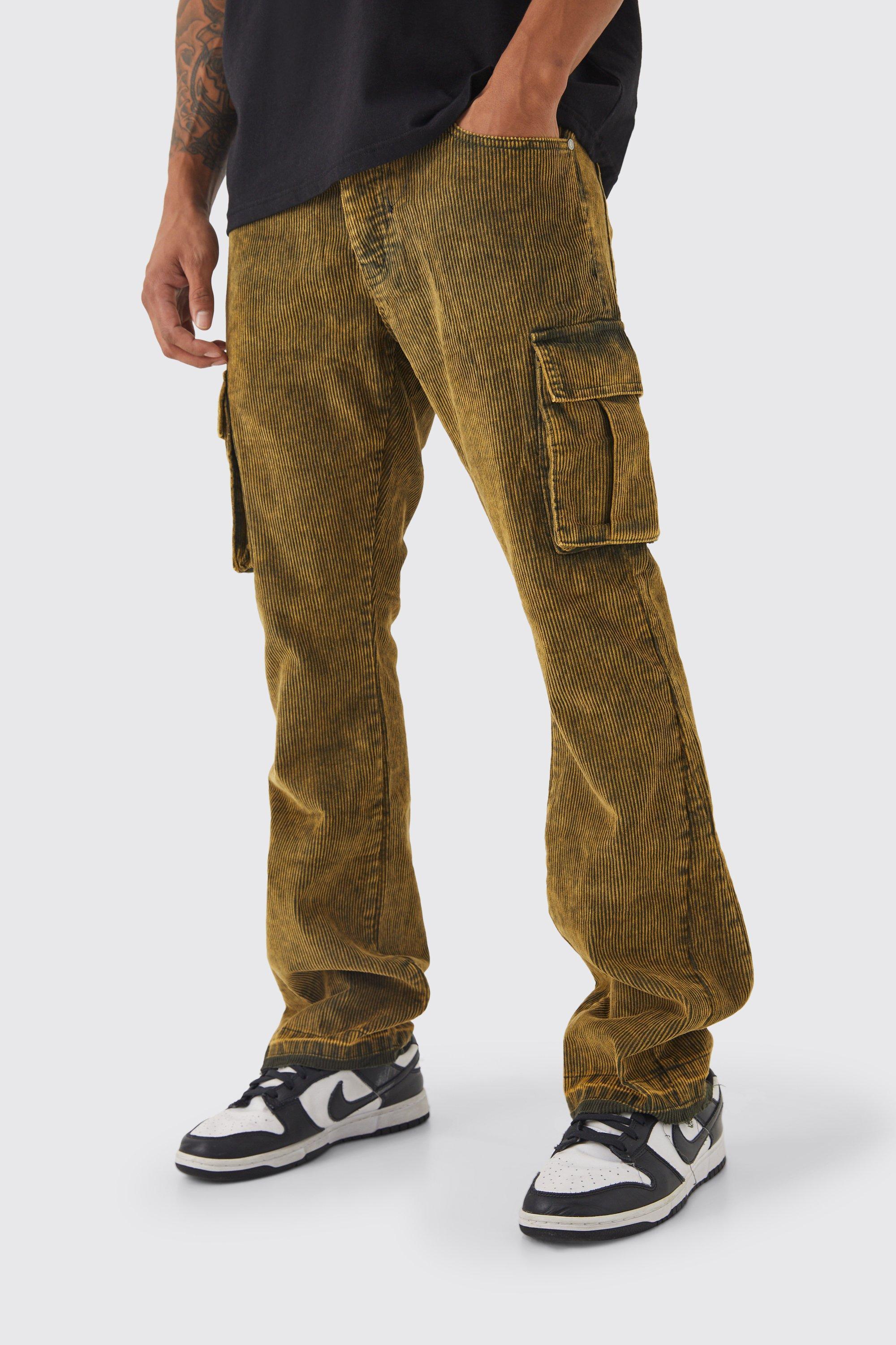 Slim Flare Acid Wash Cargo Cord Pants | boohooMAN USA Product Image