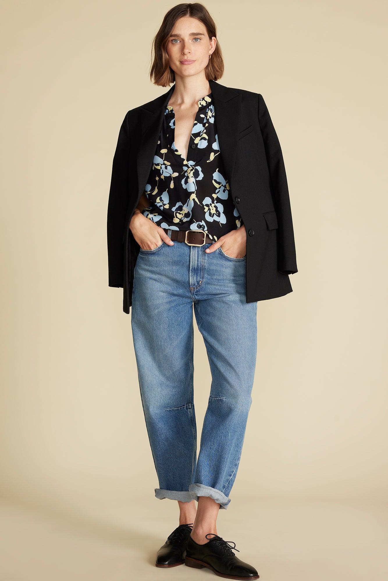 Renata Washable Silk Blouse - Black Pensee Floral Print Product Image