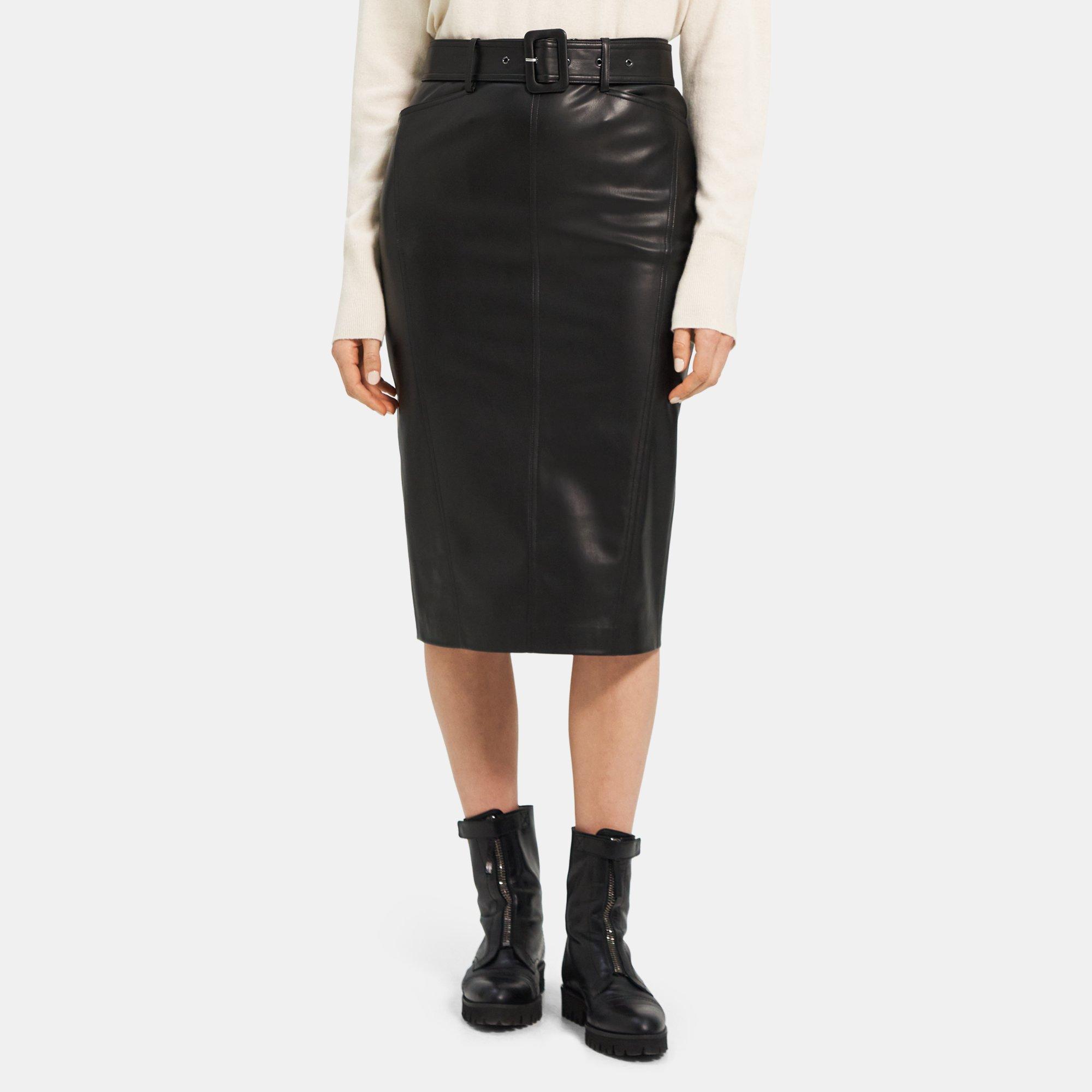 Stretch Faux Leather Belted Midi Skirt | Theory Outlet product image