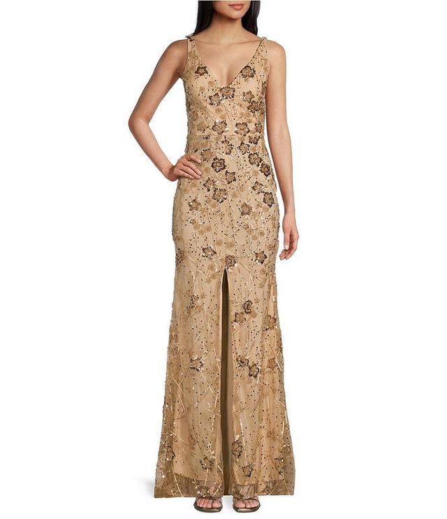 B. Darlin Wide Straps V-Neck Mesh Beaded & Sequined Long Dress Product Image